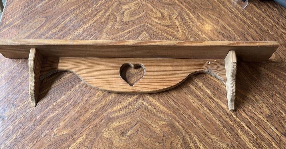 Vintage Wooden Wall Shelf With Heart Cutouts Rustic 35” Granny core Cottage